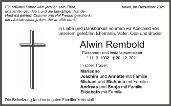 Anzeige von Alwin Rembold von Schwäbische Zeitung