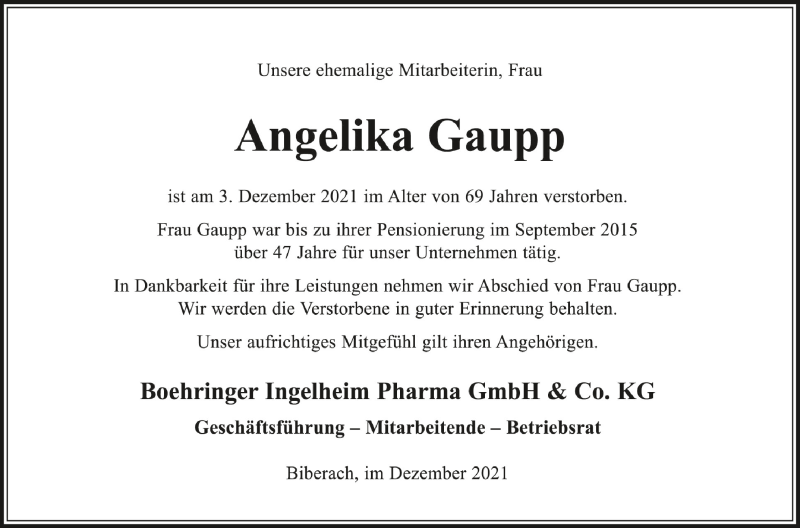  Traueranzeige für Angelika Gaupp vom 18.12.2021 aus Schwäbische Zeitung