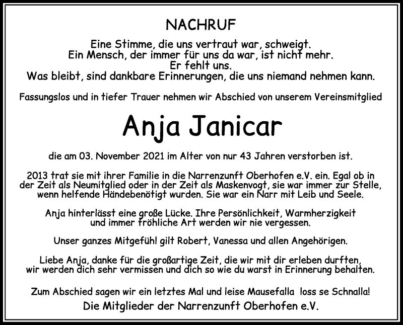  Traueranzeige für Anja Janicar vom 01.12.2021 aus Schwäbische Zeitung