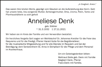 Anzeige von Anneliese Denk von Schwäbische Zeitung