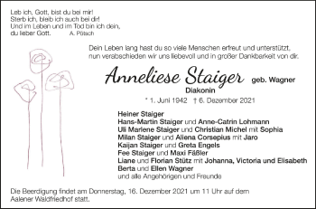 Anzeige von Anneliese Staiger von Schwäbische Zeitung