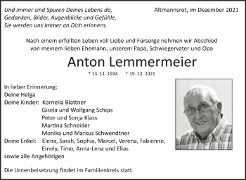 Anzeige von Anton Lemmermeier von Schwäbische Zeitung