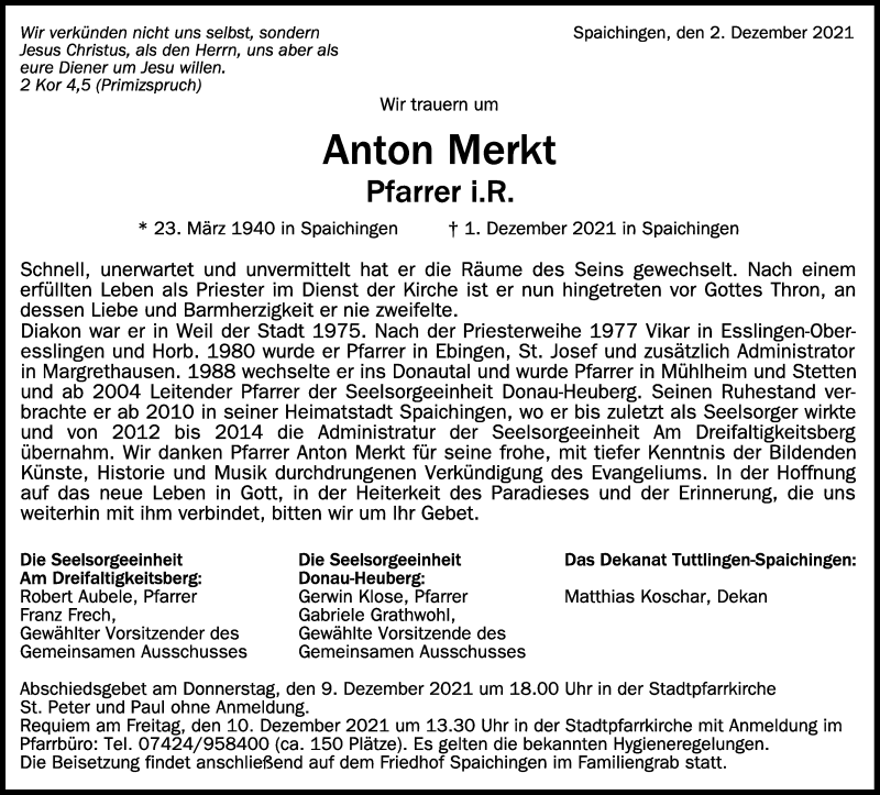  Traueranzeige für Anton Merkt vom 07.12.2021 aus Schwäbische Zeitung