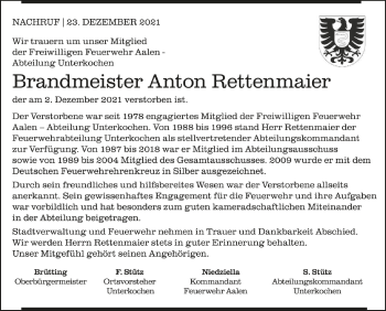 Anzeige von Anton Rettenmaier von Schwäbische Zeitung