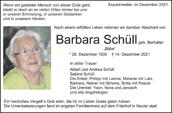 Anzeige von Barbara Schüll von Schwäbische Zeitung