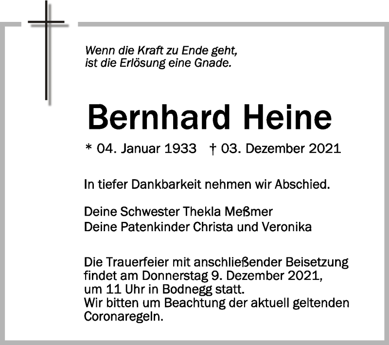  Traueranzeige für Bernhard Heine vom 07.12.2021 aus Schwäbische Zeitung
