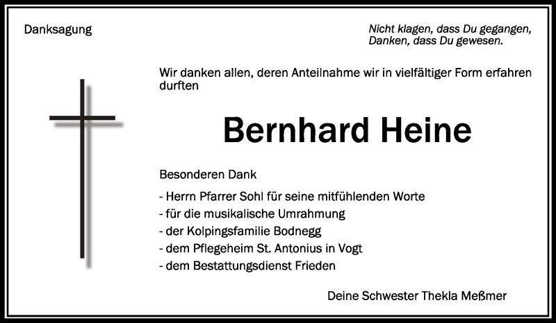  Traueranzeige für Bernhard Heine vom 22.12.2021 aus Schwäbische Zeitung