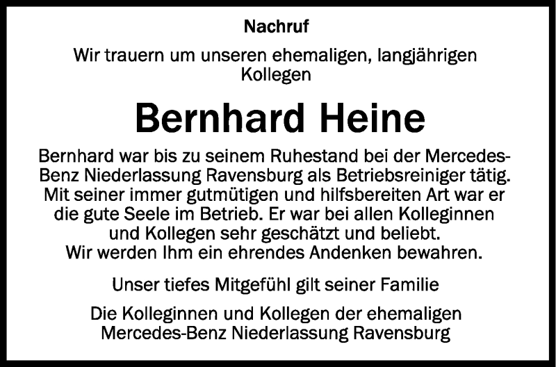  Traueranzeige für Bernhard Heine vom 09.12.2021 aus Schwäbische Zeitung