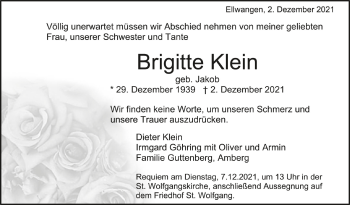 Anzeige von Brigitte Klein von Schwäbische Zeitung