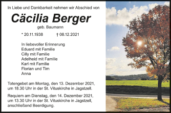 Anzeige von Cäcilia Berger von Schwäbische Zeitung