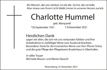 Anzeige von Charlotte Hummel von Schwäbische Zeitung