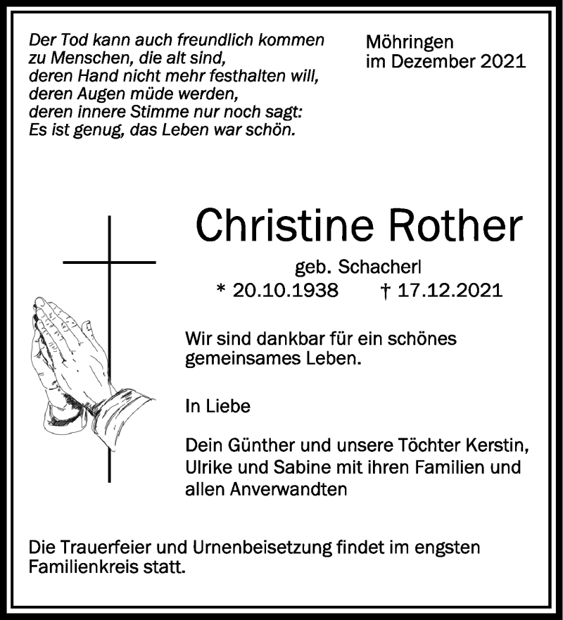  Traueranzeige für Christine Rother vom 24.12.2021 aus Schwäbische Zeitung