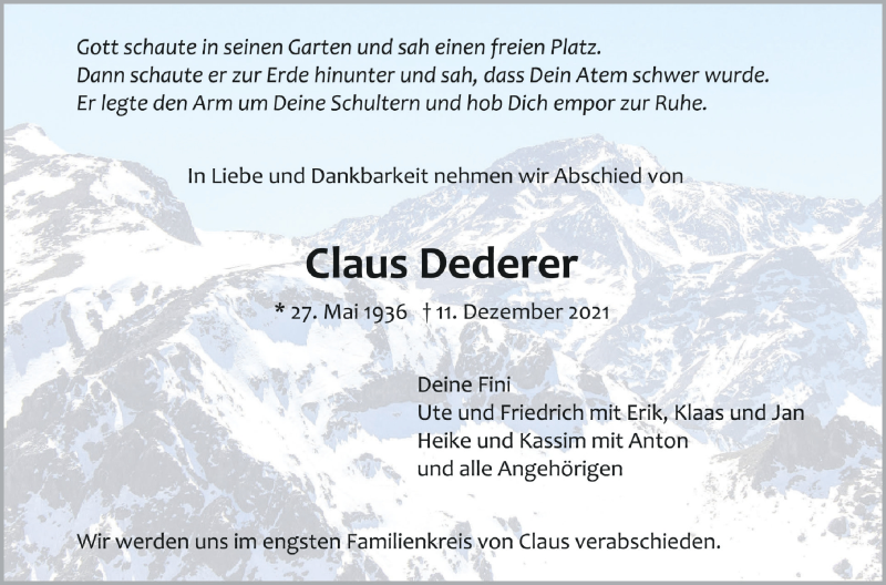  Traueranzeige für Claus Dederer vom 17.12.2021 aus Schwäbische Zeitung