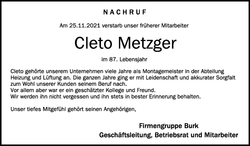  Traueranzeige für Cleto Metzger vom 02.12.2021 aus Schwäbische Zeitung
