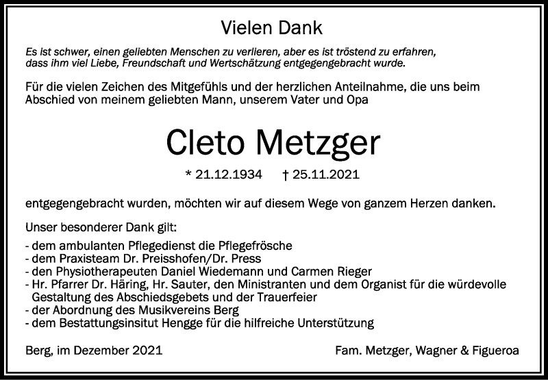  Traueranzeige für Cleto Metzger vom 23.12.2021 aus Schwäbische Zeitung