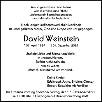 Anzeige von David Weinstein von Schwäbische Zeitung