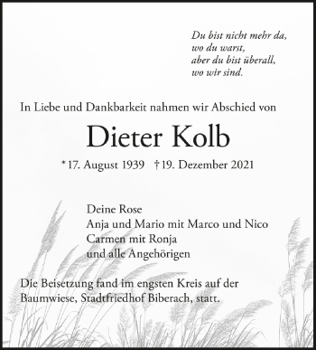 Anzeige von Dieter Kolb von Schwäbische Zeitung