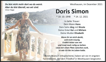 Anzeige von Doris Simon von Schwäbische Zeitung