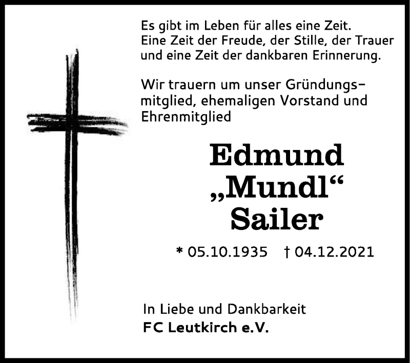  Traueranzeige für Edmund Sailer vom 15.12.2021 aus Schwäbische Zeitung