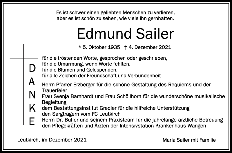  Traueranzeige für Edmund Sailer vom 28.12.2021 aus Schwäbische Zeitung