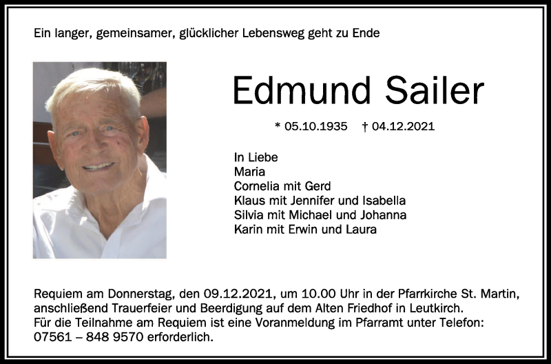  Traueranzeige für Edmund Sailer vom 07.12.2021 aus Schwäbische Zeitung