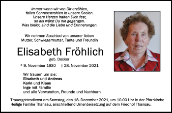 Anzeige von Elisabeth Fröhlich von Schwäbische Zeitung