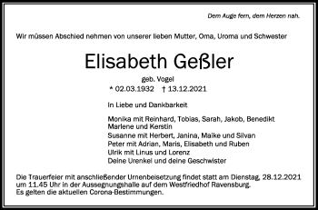 Anzeige von Elisabeth Geßler von Schwäbische Zeitung