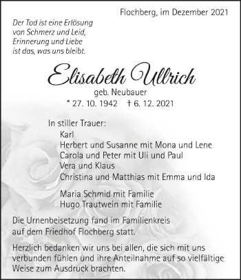 Anzeige von Elisabeth Ullrich von Schwäbische Zeitung