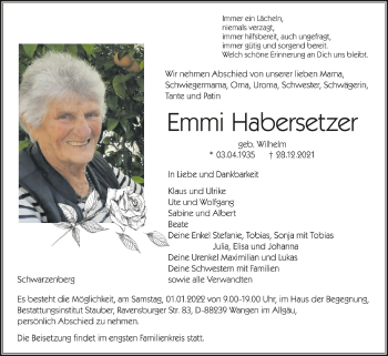 Anzeige von Emmi Habersetzer von Schwäbische Zeitung