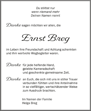 Anzeige von Ernst Breg von Schwäbische Zeitung