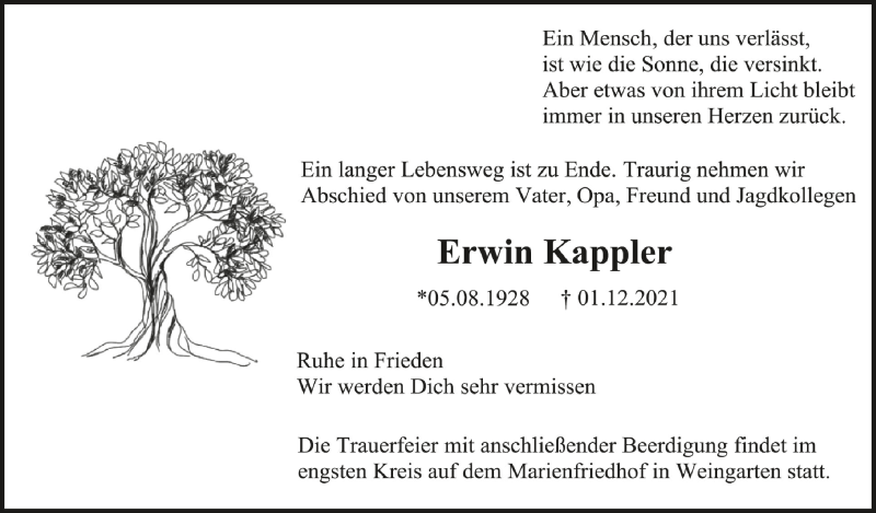  Traueranzeige für Erwin Kappler vom 08.12.2021 aus Schwäbische Zeitung