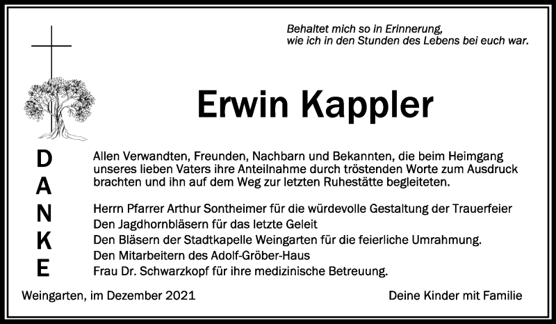  Traueranzeige für Erwin Kappler vom 18.12.2021 aus Schwäbische Zeitung