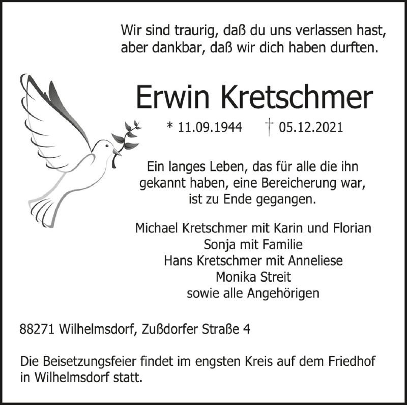  Traueranzeige für Erwin Kretschmer vom 07.12.2021 aus Schwäbische Zeitung