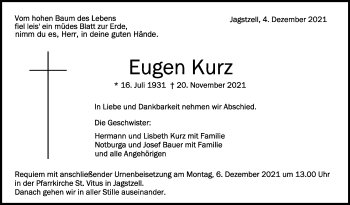 Anzeige von Eugen Kurz von Schwäbische Zeitung