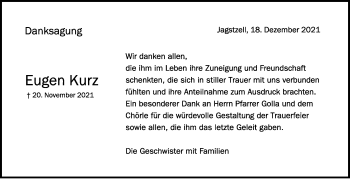 Anzeige von Eugen Kurz von Schwäbische Zeitung