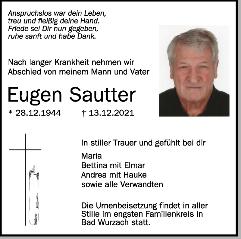  Traueranzeige für Eugen Sautter vom 27.12.2021 aus Schwäbische Zeitung