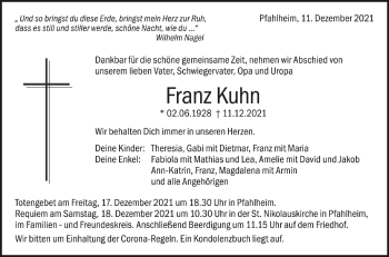 Anzeige von Franz Kuhn von Schwäbische Zeitung