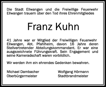 Anzeige von Franz Kuhn von Schwäbische Zeitung