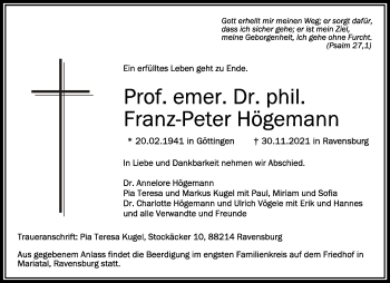 Anzeige von Franz-Peter Högemann von Schwäbische Zeitung