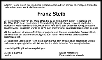 Anzeige von Franz Steib von Schwäbische Zeitung