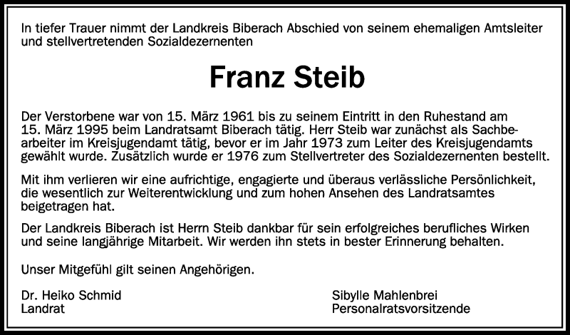  Traueranzeige für Franz Steib vom 18.12.2021 aus Schwäbische Zeitung