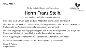 Anzeige von Franz Steib von Schwäbische Zeitung