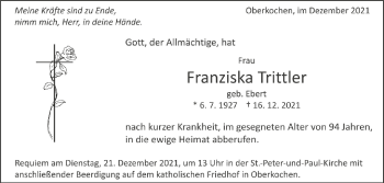 Anzeige von Franziska Trittler von Schwäbische Zeitung