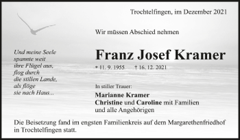 Anzeige von Franz Josef Kramer von Schwäbische Zeitung