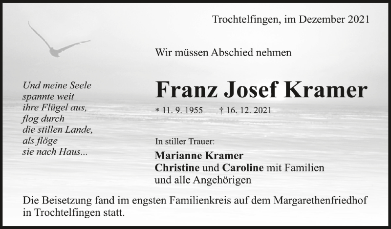  Traueranzeige für Franz Josef Kramer vom 24.12.2021 aus Schwäbische Zeitung