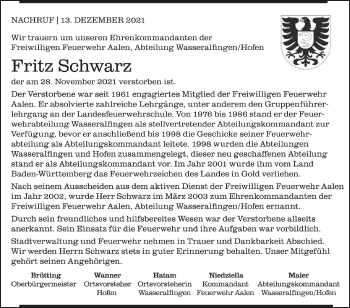 Anzeige von Fritz schwarz von Schwäbische Zeitung