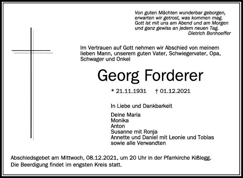  Traueranzeige für Georg Forderer vom 07.12.2021 aus Schwäbische Zeitung