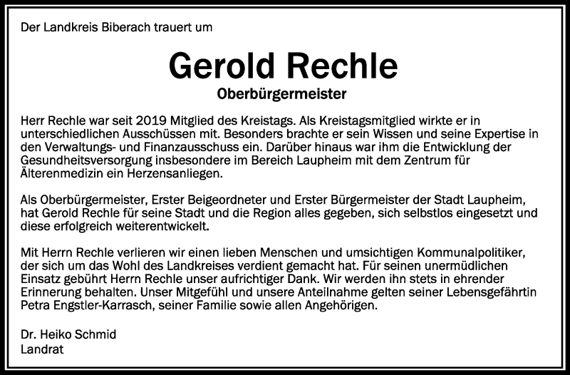  Traueranzeige für Gerold Rechle vom 30.12.2021 aus Schwäbische Zeitung