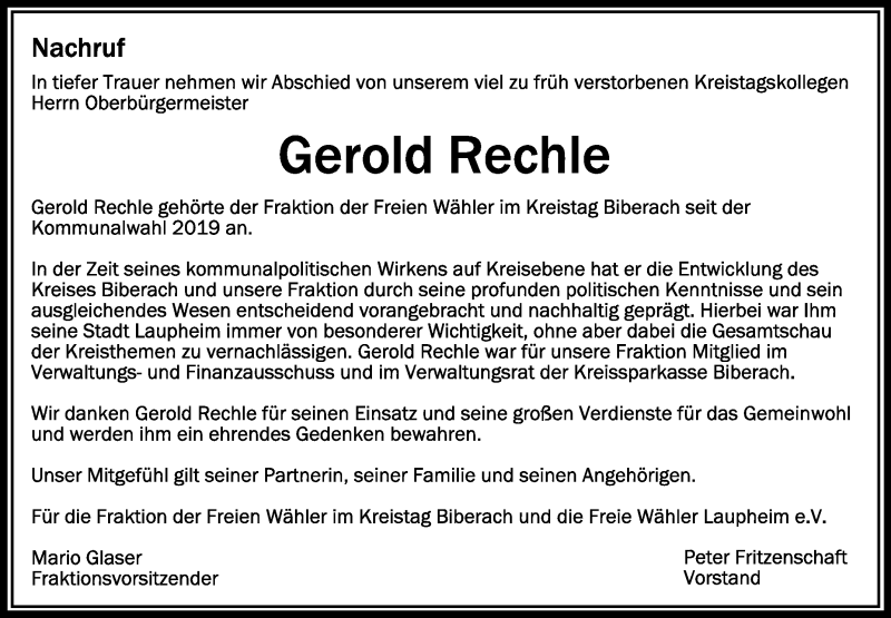  Traueranzeige für Gerold Rechle vom 30.12.2021 aus Schwäbische Zeitung