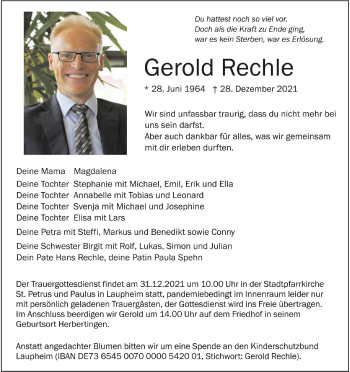 Anzeige von Gerold Rechle von Schwäbische Zeitung